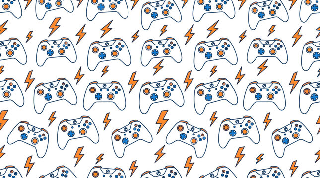 Gaming controllers with lightning bolts pattern. Video game controllers with electric bolts design. Gaming accessories background