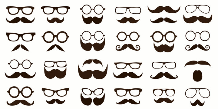hipster mustaches and glasses vector collection on white background facial hair eyewear retro fashion design illustration graphic pattern icon hipster style