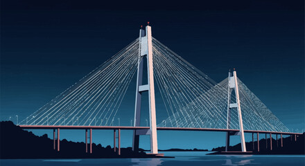 Obraz premium Vector illustration of a modern cable-stayed bridge at night featuring two tall concrete pylons and radiating stay cables spanning over water under a clear starry blue sky.