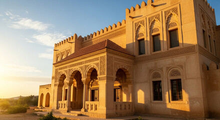 Fototapeta premium Ornate Moorish Palace Architecture with Arches and Intricate Carvings, Sunset Light
