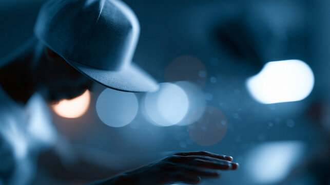 Faceless hip hop dancer throwing a hat dramatically during a performance, dynamic street style action, defocused studio background, hat throw hip hop concept photography, with