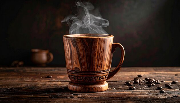Rustic wooden cup of hot steaming coffee on table with caffeine beverage breakfast background espresso invigorating