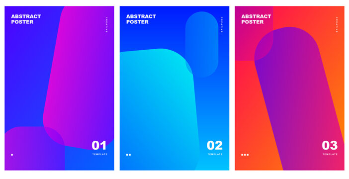 Set of three abstract posters with geometric shapes, vibrant gradient colors, and modern minimalist design templates. Vector illustration.