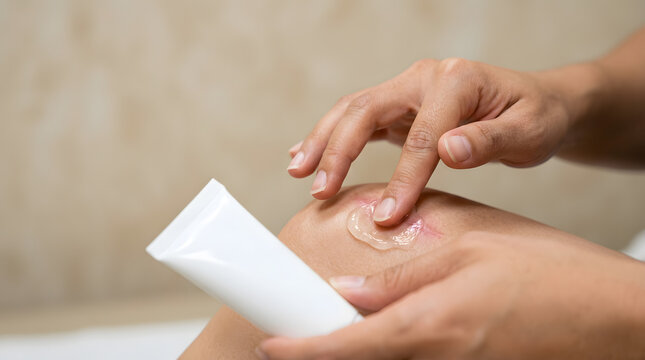 person applying clear healing gel from a white tube onto a visible scar on the knee for skin treatment and recovery