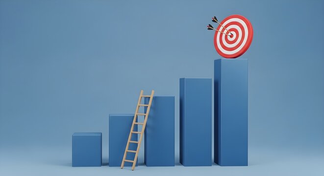 Business growth concept with wooden ladder leaning against growing blue bar chart with target symbol, business