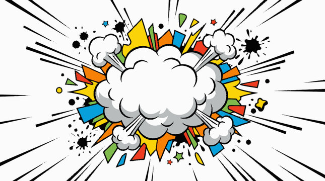Sketchy flat textured comic book explosion burst with colorful shapes 