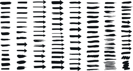 Naklejka premium Diverse collection of hand drawn black brushstroke arrows for graphic design and directional concepts