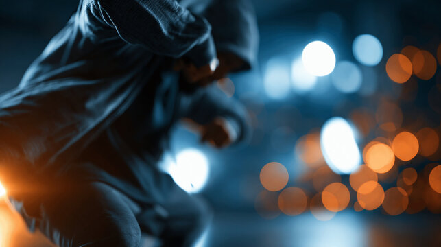 Faceless hip hop man performing an energetic dance routine, powerful movement and street style, defocused studio background, male hip hop performance concept photography, with