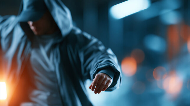 Faceless hip hop man performing an energetic dance routine, powerful movement and street style, defocused studio background, male hip hop performance concept photography, with