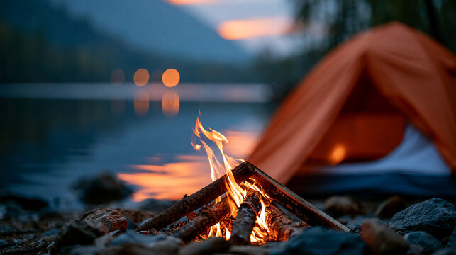 Camping setup by a serene lake with an orange tent and a warm campfire, rich sunset colors on the calm water, defocused mountain backdrop in background, orange tent lake sunset