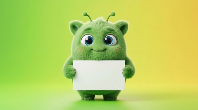 Cute fluffy green monster with antennae and big blue eyes holding up blank white sign for text or advertisement in front of smooth gradient background.