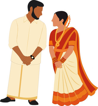 South Indian wedding couple illustration for save the date, wedding invitation and e-invite cards	