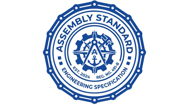 Professional blue circular industrial engineering assembly standard emblem logo design.