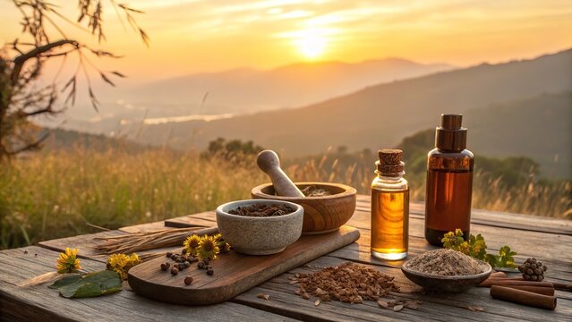 Hyper realistic Ayurveda wellness still life featuring herbs oils and natural remedies.