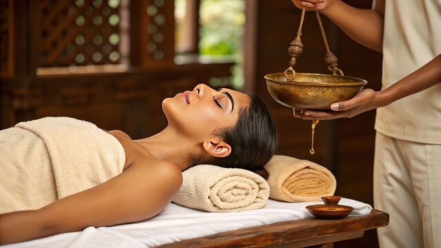 Luxury Ayurvedic head massage treatment promoting relaxation wellness and holistic self care.