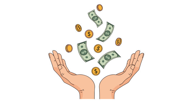 Pair of hands reaching up to catch falling green dollar bills and golden coins representing wealth and prosperity.