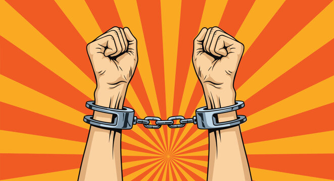 Two human fists raised in metal handcuffs against an energetic orange and yellow sunburst striped background.