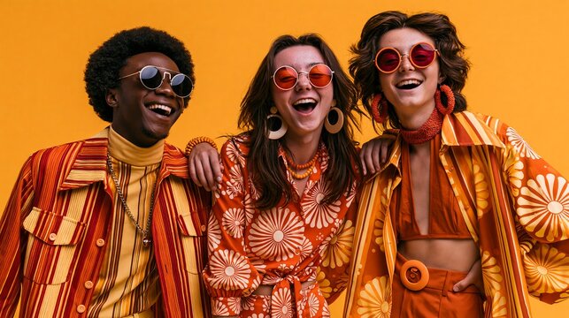 Fashionable pals in retro disco clothes share laughs. This image represents fun from past eras, stylish clothing, and lively pop culture.