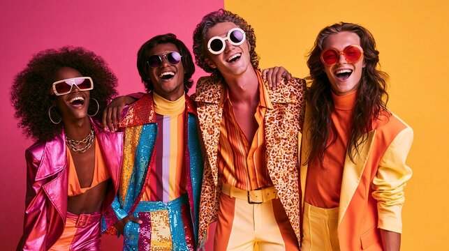 Fashionable pals in retro disco clothes share laughs. This image represents fun from past eras, stylish clothing, and lively pop culture.