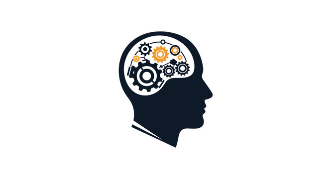 Human head profile silhouette with mechanical gears and cogs inside the brain representing thinking process.