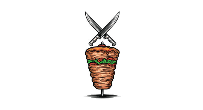 Traditional doner kebab on a vertical spit rotisserie with two crossed slicing knives on white background.