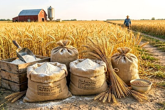 Sacks of fresh wheat flour displayed with golden wheat stalks in front of a ripe wheat field, symbolizing agriculture, milling, baking ingredients, harvest, and natural food production