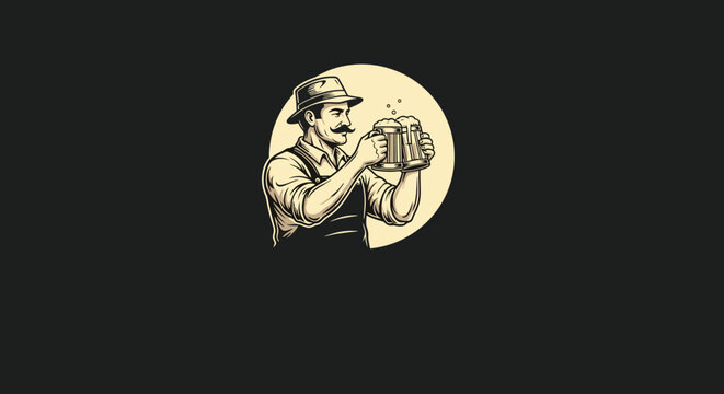Vintage retro style illustration of a smiling man with mustache and hat holding two large foaming glasses of beer.