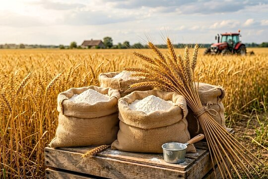 Sacks of fresh wheat flour displayed with golden wheat stalks in front of a ripe wheat field, symbolizing agriculture, milling, baking ingredients, harvest, and natural food production