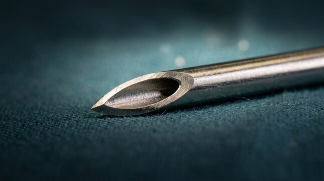 Close up macro of a sharp medical hypodermic needle tip