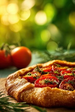 Savory tomato galette with herbs on a wooden board. Rustic vegetable pastry tart for summer meal. Freshly baked artisan crust with sliced tomatoes and rosemary for food photography.