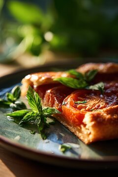 Slice of tomato tart with fresh basil leaves on plate. Savory vegetable pastry baked with organic ingredients. Mediterranean cuisine for gourmet meal and healthy diet concept.
