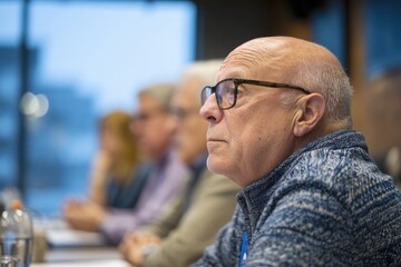 Fototapeta premium Senior man wearing glasses listening during conference meeting. Focused mature person participating in workshop or seminar. Concept of professional education and business development.