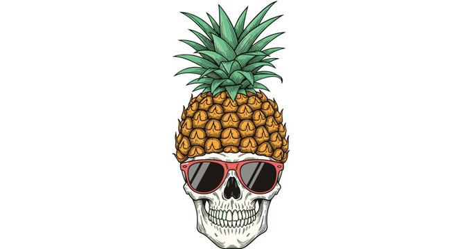 Quirky illustration of a human skull wearing a pineapple headpiece and trendy red sunglasses on a white background.