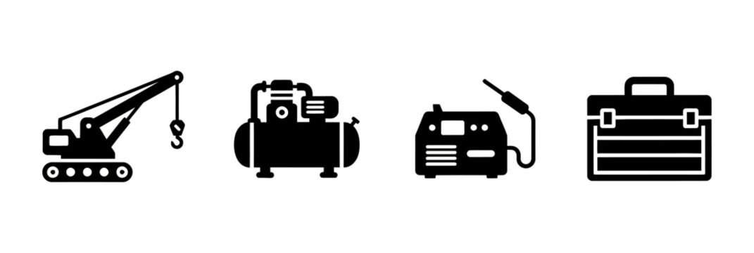 Industrial Equipment Icons Set Featuring Construction Crane, Air Compressor, Welding Machine and Tool Box Silhouette