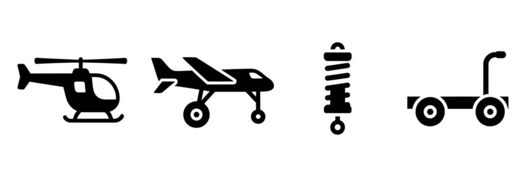 Transportation and industrial machinery icons featuring helicopter airplane shock absorber and baggage cart