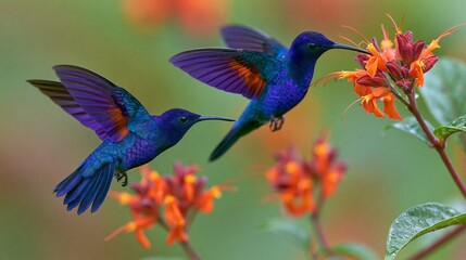 Obraz premium Hummingbirds with violet wings eat from flowers in Costa Rica's Caribbean region.