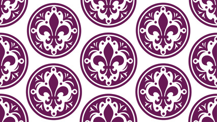 Seamless purple fleur-de-lis circular pattern background for textiles, wallpaper, and branding. Flat vector illustration EPS 10 of  Mardi Gras Carnival elements pattern. © Dijee Art