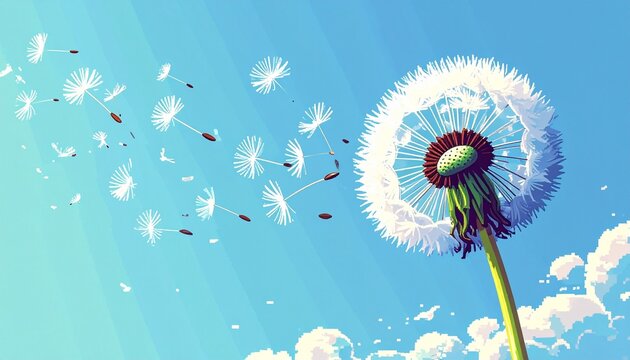 Single dandelion flower seed head blowing in the wind against a bright blue sky with dandelion blowball dispersion floating