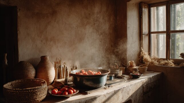 Pot of boiling tomatoes on a rustic kitchen counter. Steaming vegetable dish in a traditional farmhouse interior. Authentic home cooking process in a natural light sunny room setup.