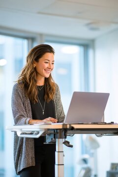 Woman professional working at standing desk with laptop in office. Employee typing on computer for business communication. Modern ergonomic workplace and productivity in daily routine.