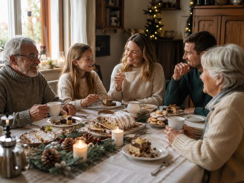 Mehrgenerationenfamilie genie&szlig;t am 2. Weihnachtstag in Deutschland Kaffee, Christstollen und Geb&auml;ck an einer festlichen Kaffeetafel in gem&uuml;tlicher Wohnatmosph&auml;re.