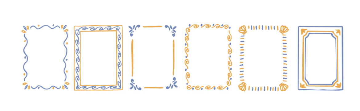 Hand drawn blue and yellow mediterranean frames and borders set