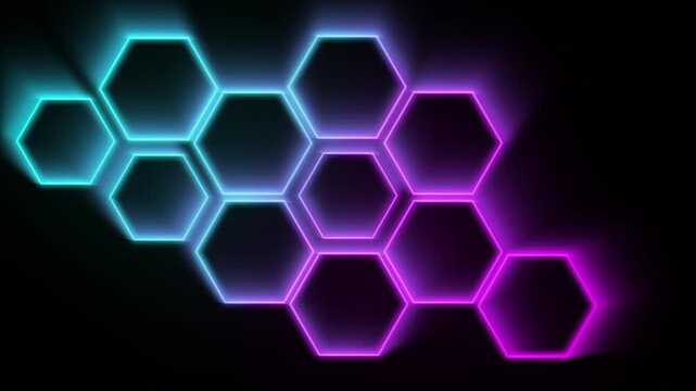 Abstract technology motion graphic of pulsing geometric hexagons on black backdrop. Clean loopable sci-fi background with copy-space for text, logos, or presentation titles.
