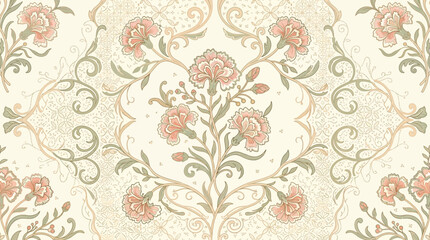 Luxury Indonesian contemporary batik inspired by blooming Carnation flowers, elegant stylized floral motifs with layered petals, flowing vines, ornamental foliage, delicate traditional batik filler pa © khan