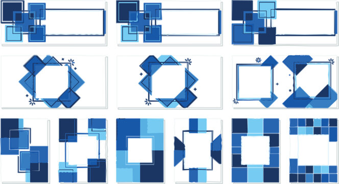 Blue geometric banner vector templates with abstract square frames and corporate diamond borders for presentation slides