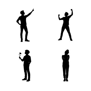 Four silhouette poses pointing celebrating holding flower and crossed arms isolated on transparent background