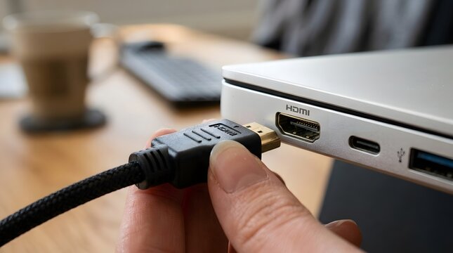Close up view of a hand holding a black cable and carefully inserting the metal connector into the silver hdmi port of a modern laptop computer