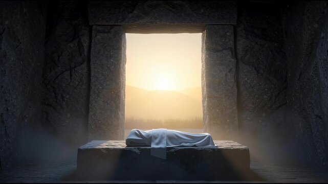 Christian resurrection concept of open tomb with bright morning sun 4k
