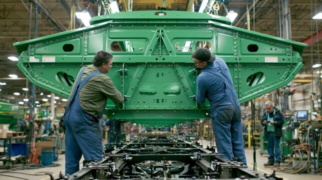 Medium shot of workers securing a heavy agricultural body onto a bare chassis showcasing precise alignment and bolting for farm equipment customization.