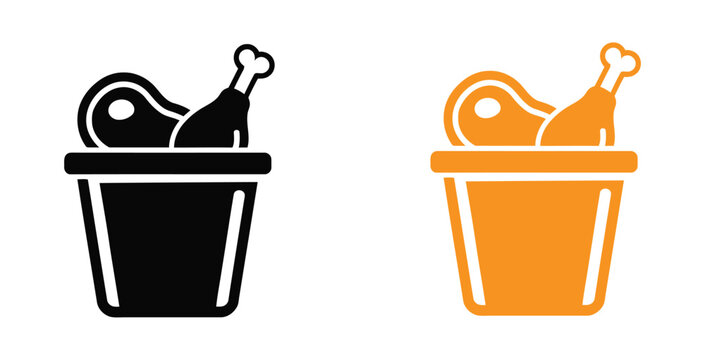 street food fried chicken bucket. Fried chicken bucket icon set, vector collection featuring black silhouettes, thin line art, and colorful crispy drumstick fast food designs for restaurant branding.